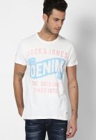 Jack & Jones Off White Printed Round Neck T-Shirts