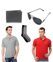 Lime Combo Of Gray & Red Cotton Blend Polo T Shirt With Wayfarer Sunglasses, Socks And Wallet