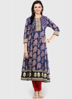 Rain & Rainbow Navy Blue Printed Anarkali