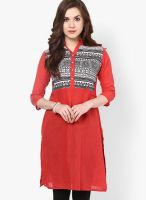 Span Red Embroidered Kurtis