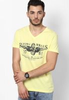 Gas Yellow Solid V Neck T-Shirt
