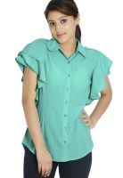 Globus Ruffle Sleeves Solid Green Shirt