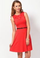 Harpa Red Colored Solid Skater Dress
