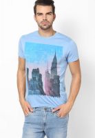 Indian Terrain Light Blue Solid Round Neck T-Shirts