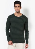 Jack & Jones Green Solid Round Neck T-Shirts