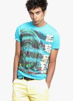 Probase Aqua Blue Printed Round Neck T-Shirts