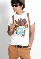 Probase White Printed Round Neck T-Shirts