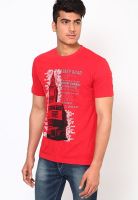 TBASE Red Graphic Round Neck T-Shirts