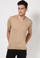 Alessio69 Beige Solid V Neck T-Shirts