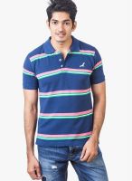 American Crew Navy Blue Striped Polo T-Shirts
