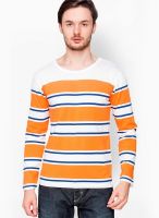 Elaborado Orange Striped Round Neck T-Shirts
