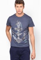 Gas Blue Printed Round Neck T-Shirts