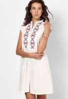 Global Desi Off White Colored Embroidered Shift Dress