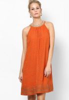 Global Desi Orange Colored Solid Shift Dress
