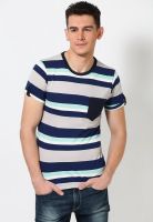 Jack & Jones Ice Blue Striped Round Neck T-Shirts