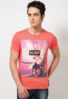 Jack & Jones Orange Printed Round Neck T-Shirts