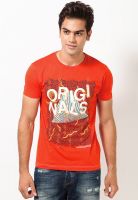 Jack & Jones Orange Solid Round Neck T-Shirts