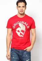 Jack & Jones Red Printed Round Neck T-Shirt