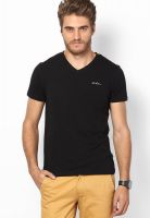 Lee Black Solid V Neck T-Shirts