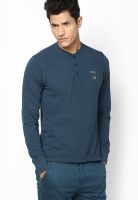 Lee Navy Blue Solid Henley T-Shirts