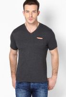 Monteil & Munero Dark Grey Solid V Neck T-Shirts