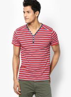 Phosphorus Red Striped Henley T-Shirts