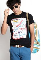 Probase Black Printed Round Neck T-Shirts