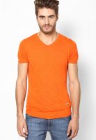 Spykar Orange V-Neck T Shirt