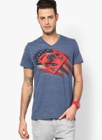 Superman Blue Printed V Neck T-Shirts