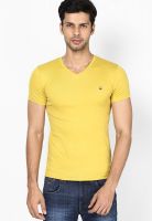 United Colors of Benetton Yellow Solid V Neck T-Shirts