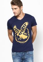 Wrangler Navy Blue Printed V Neck T-Shirts