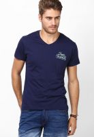 Wrangler Navy Blue Solid V Neck T-Shirts