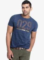 Basics Blue Printed Round Neck T-Shirt