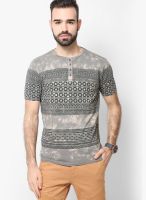 Breakbounce Dark Grey Printed Henley T-Shirts