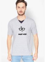 Campus Sutra Grey Printed V Neck T-Shirt