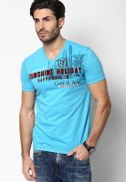 Duke Aqua Blue Printed V Neck T-Shirt