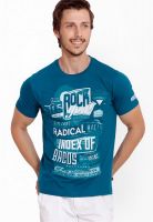 Elaborado Aqua Blue Printed Round Neck T-Shirt