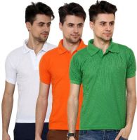 Grand Bear Solid Men's Polo Neck White, Orange, Green T-Shirt(Pack of 3)