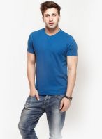 Gritstones Blue Solid V Neck T-Shirts