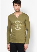 Incult Olive Printed Henley T-Shirts