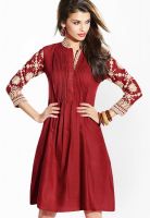 Inddus Red Colored Embroidered Skater Dress