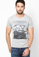 Jack & Jones Grey Melange Printed Round Neck T-Shirts