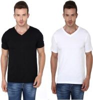 Meedo Solid Men's V-neck Black, White T-Shirt(Pack of 2)