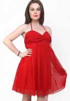 Pannkh Red Colored Solid Peplum Dress