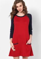People Red Colored Solid Shift Dress
