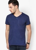 Phosphorus Navy Blue Cold Pigment Dyed V Neck Tee With Pocket Print