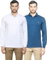 Poshuis Solid Men's Polo Neck White, Blue T-Shirt(Pack of 2)