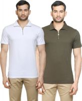 Poshuis Solid Men's Polo Neck White, Dark Green T-Shirt(Pack of 2)