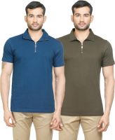 Poshuis Solid Men's Polo Neck Dark Green, Blue T-Shirt(Pack of 2)