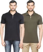 Poshuis Solid Men's Polo Neck Black, Dark Green T-Shirt(Pack of 2)